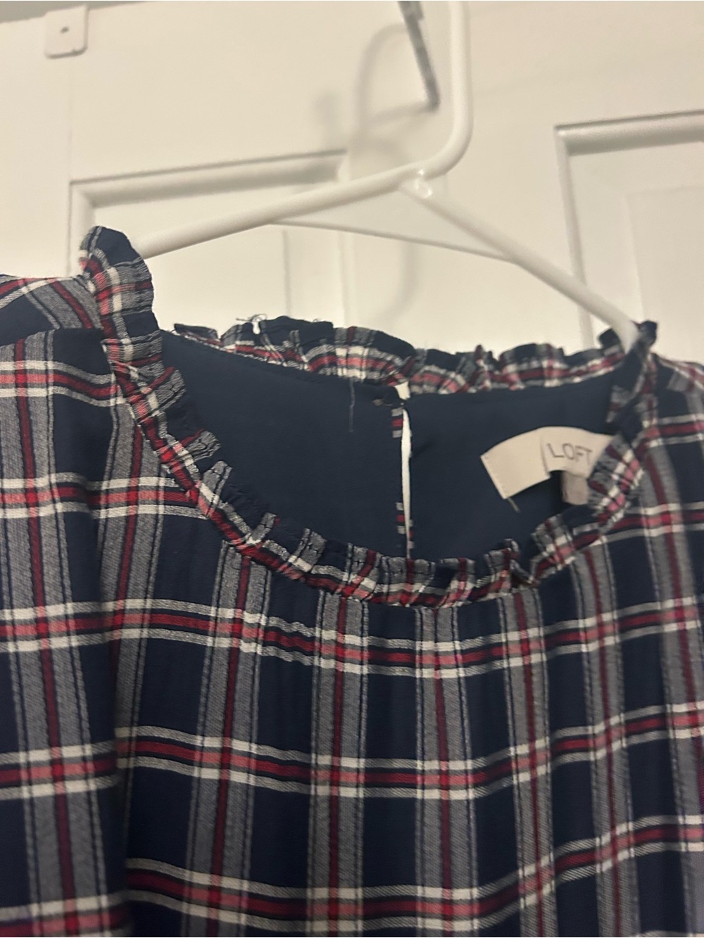 LOFT Navy Plaid Short-Sleeve Midi Dress